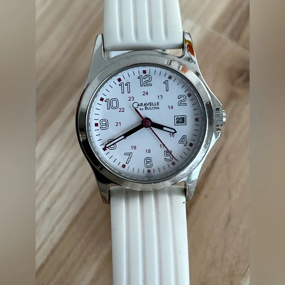Caravelle by Bulova Ladies Watch White Silicone Bracelet White Dial Date Window - Picture 3 of 13